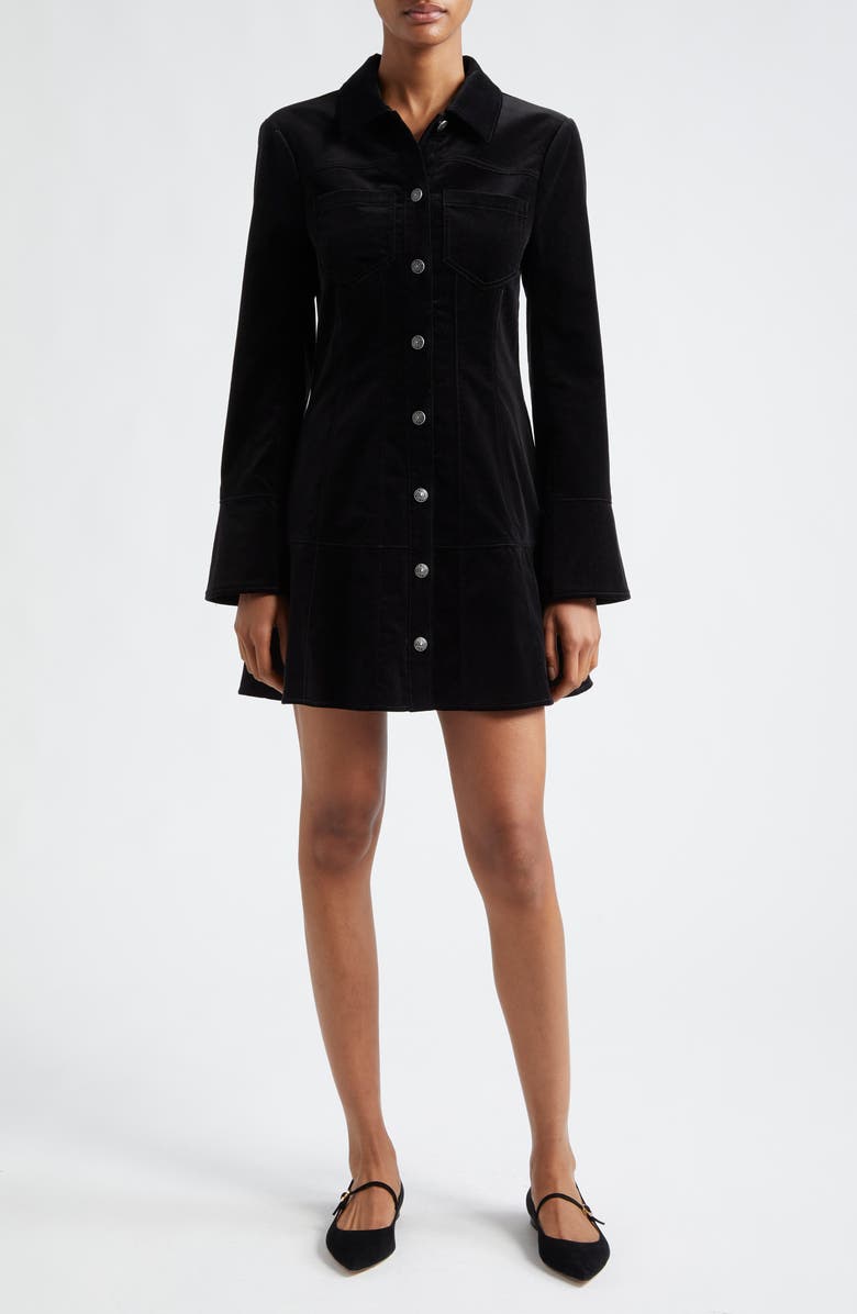 Cinq à Sept Jocelyne Long Sleeve Stretch Velvet Shirtdress, Main, color, Black
