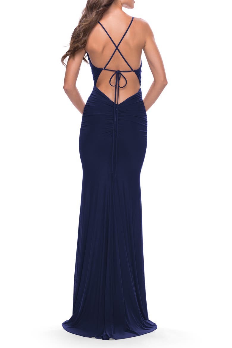 Long Net Jersey Dress with Illusion Waist, Alternate, color, Navy