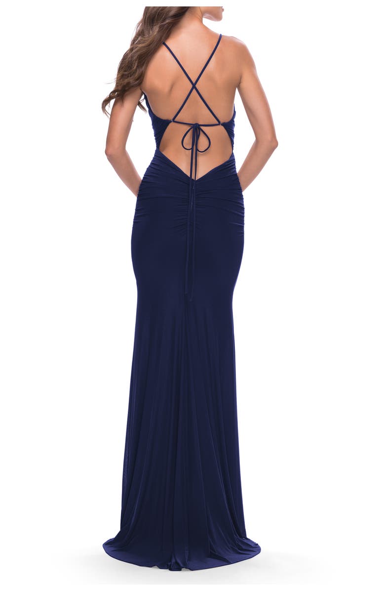 La Femme Long Net Jersey Dress with Illusion Waist, Alternate, color, Navy