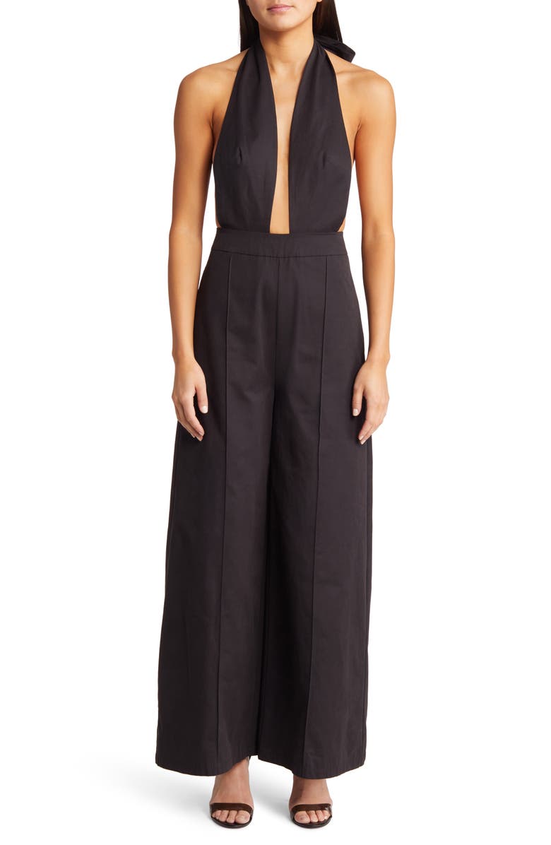 Amy Lynn Bow Tie Halter Jumpsuit, Main, color, Black