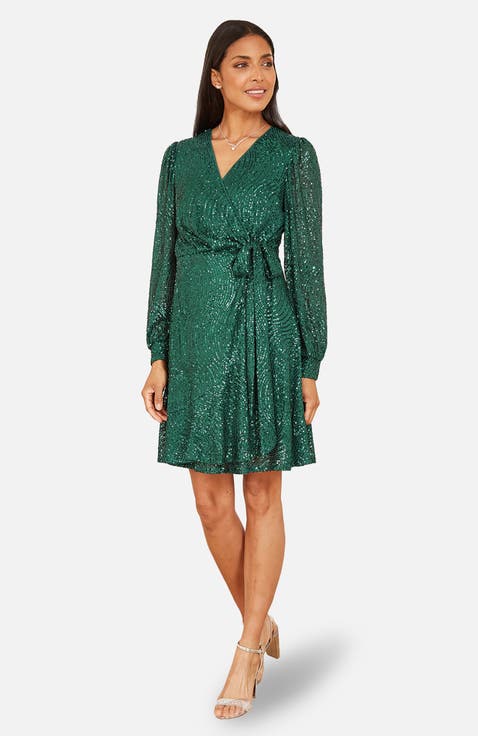 Sequin Long Sleeve Frill Wrap Dress