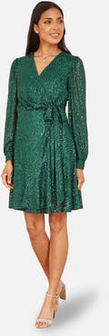 Yumi Sequin Long Sleeve Frill Wrap Dress