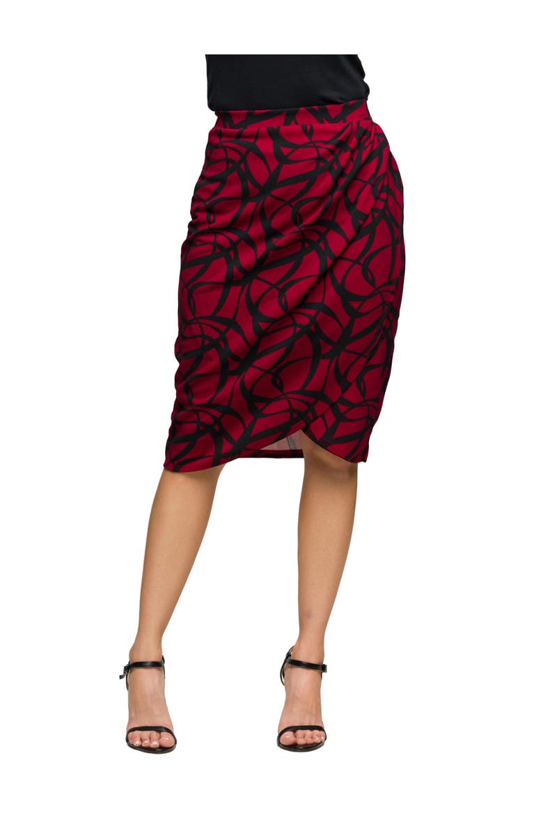 24seven Comfort Apparel Print Ruched Knee Length Skirt, Main, color, Red Multi