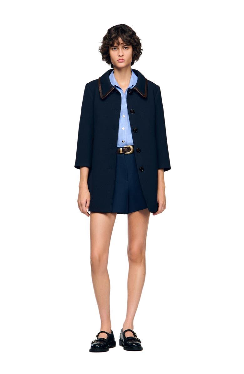 SANDRO Leather trim coat, Alternate, color, Navy Blue