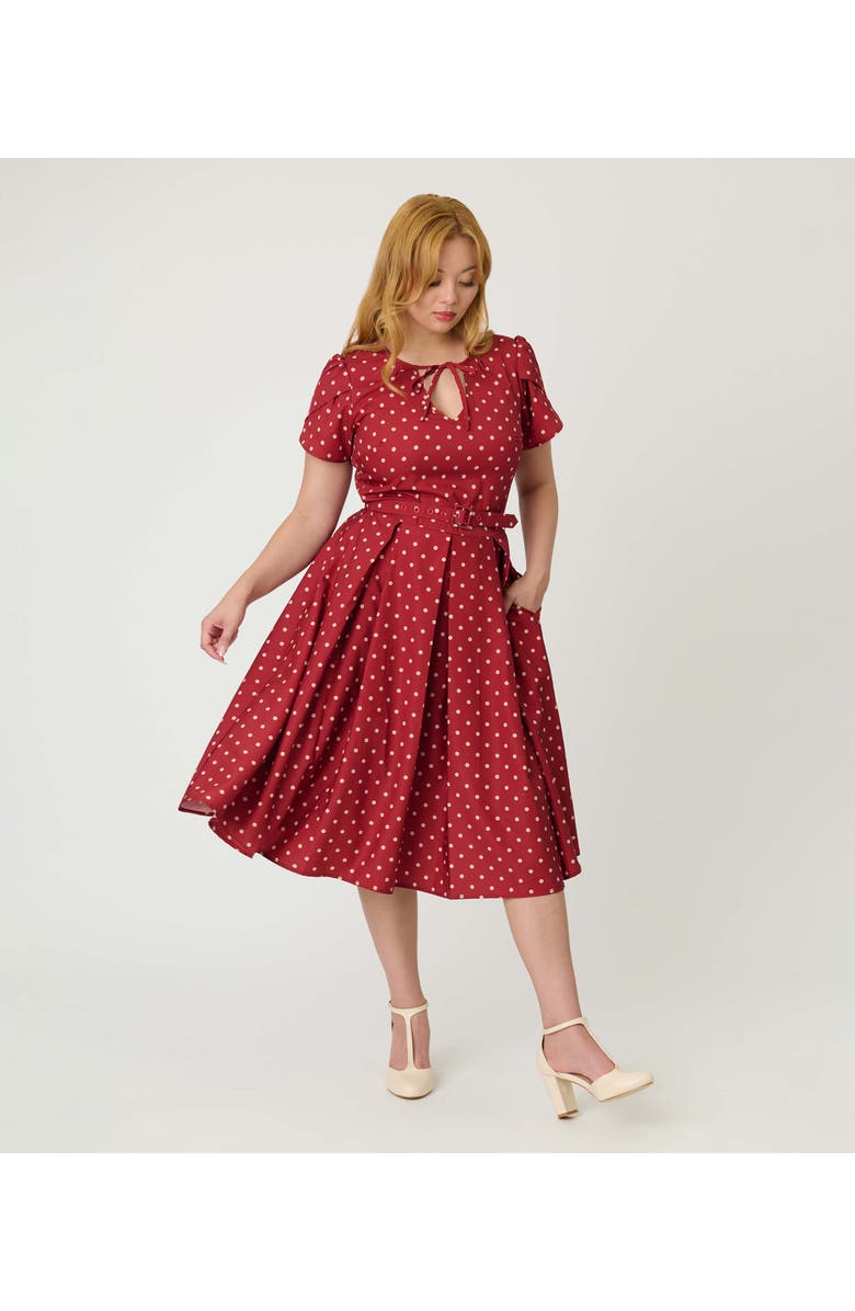 Unique Vintage Short Petal Sleeve Tie Neck Dahlia Swing Dress, Alternate, color, Red & Ivory Dot