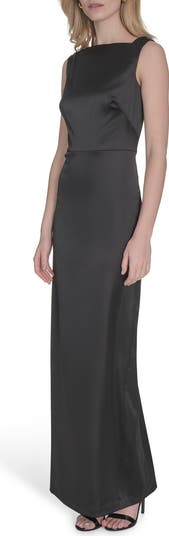 Cowl Back Square Neck Satin Column Gown