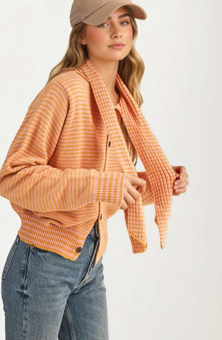Knit and Lounge Striped Knit Button Tie-Neck Scarf Cardigan, Alternate, color, Orange / Pink Stripes