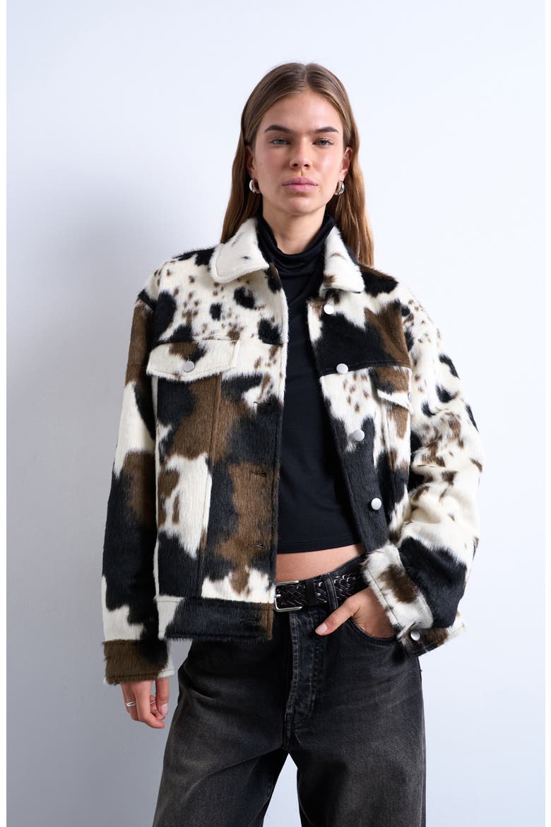 Cow Print Faux Fur Western Trucker Jacket, Main, color, BLACK