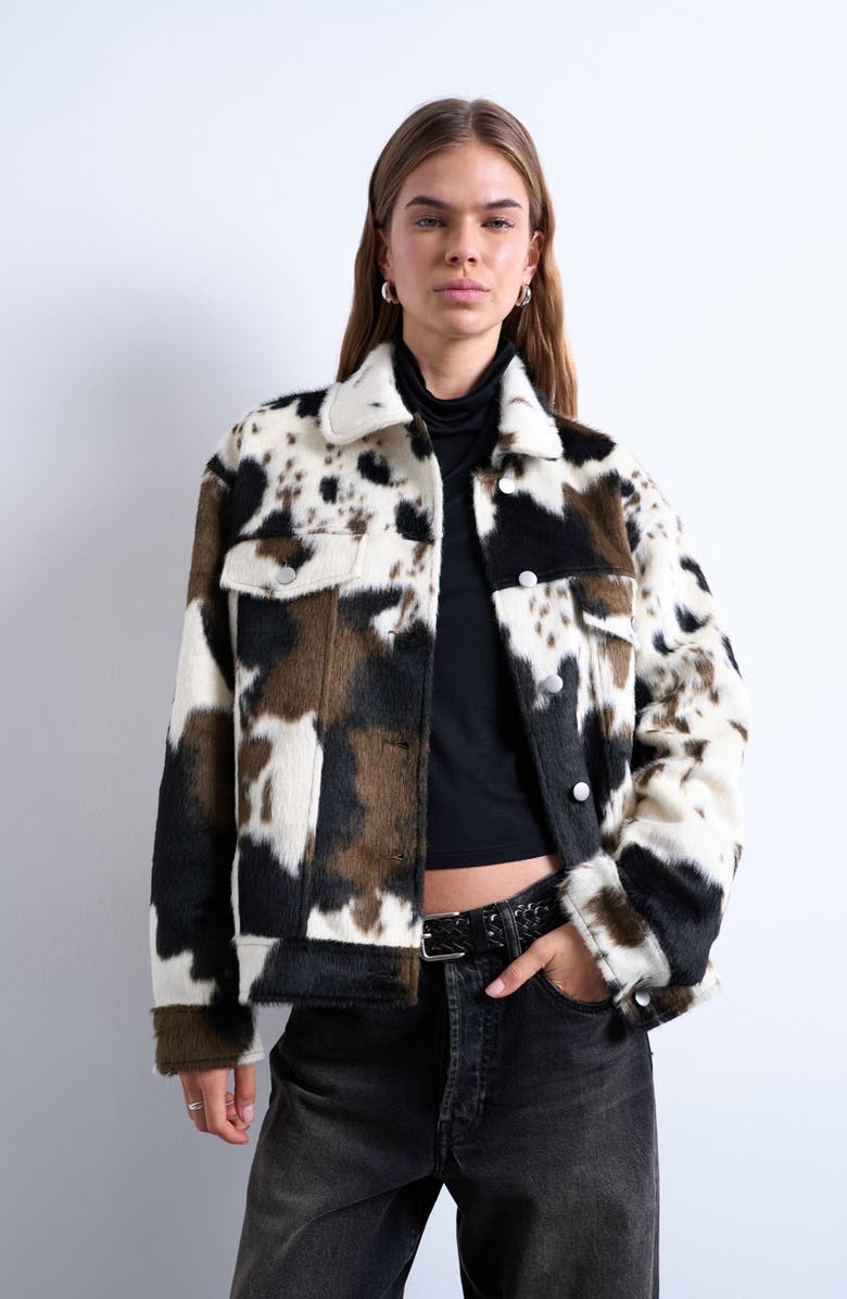 Topshop Cow Print Faux Fur Western Trucker Jacket, Main, color, Black