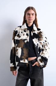 Topshop Cow Print Faux Fur Western Trucker Jacket
