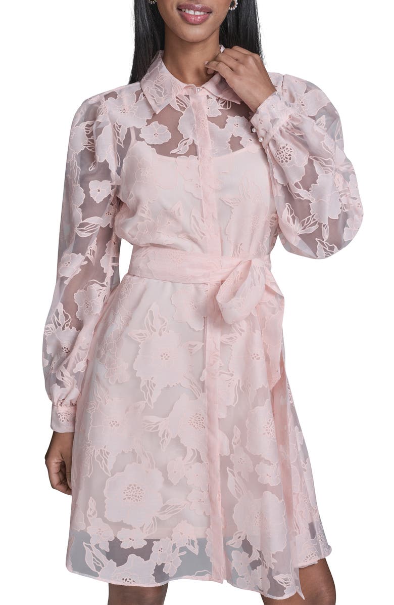 KARL LAGERFELD Long Sleeve Floral Organza Shirtdress, Alternate, color, Pearl Blush