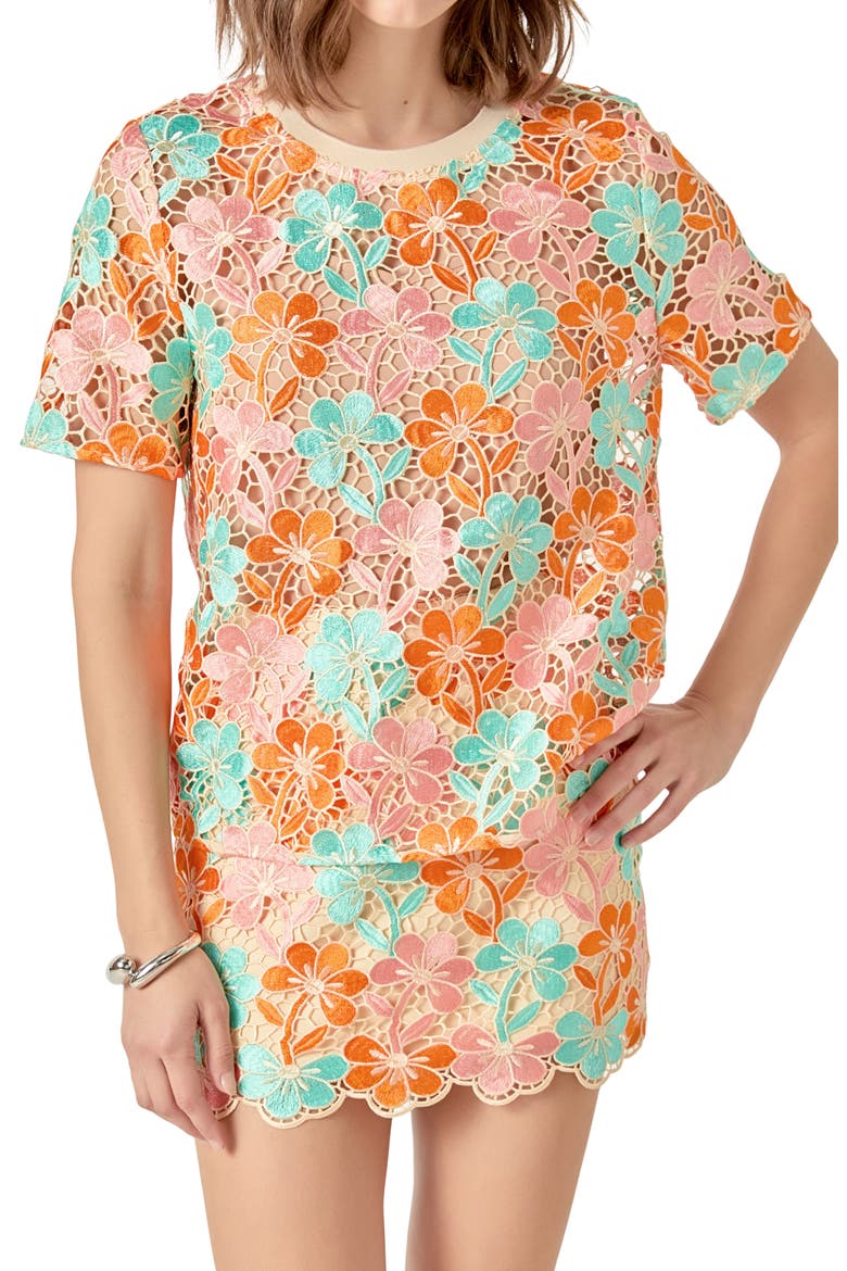 Floral Embroidered Open Knit Top, Alternate, color, ORANGE MULTI