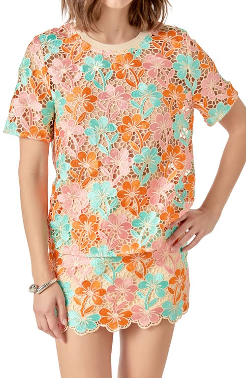 Endless Rose Floral Embroidered Open Knit Top In Orange Multi