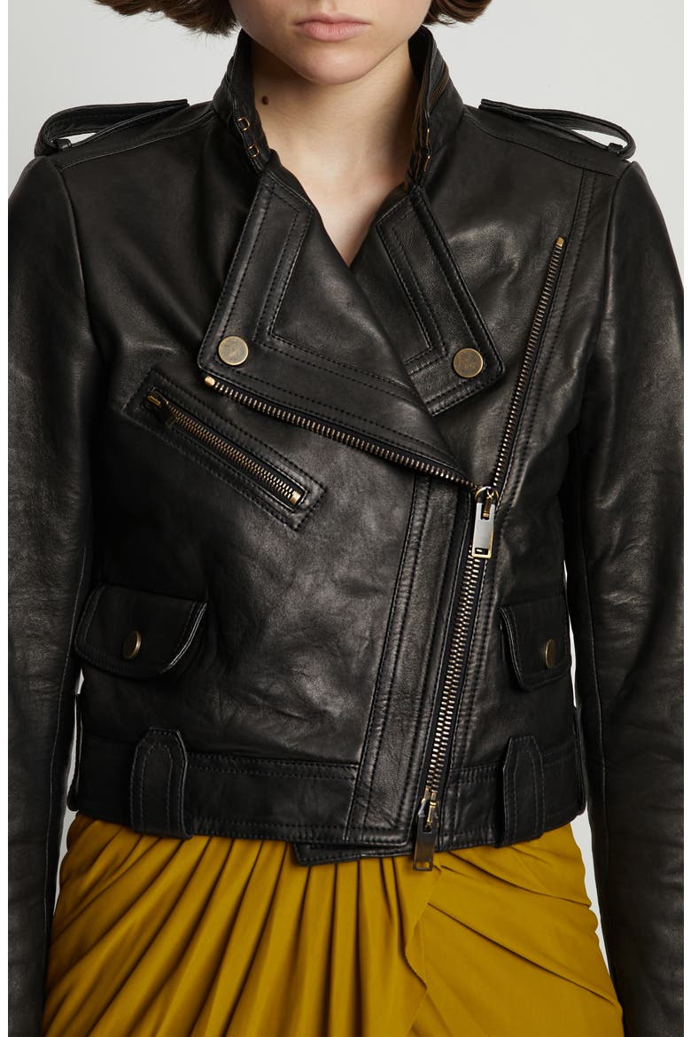 Leather Crop Moto Jacket, Alternate, color, BLACK