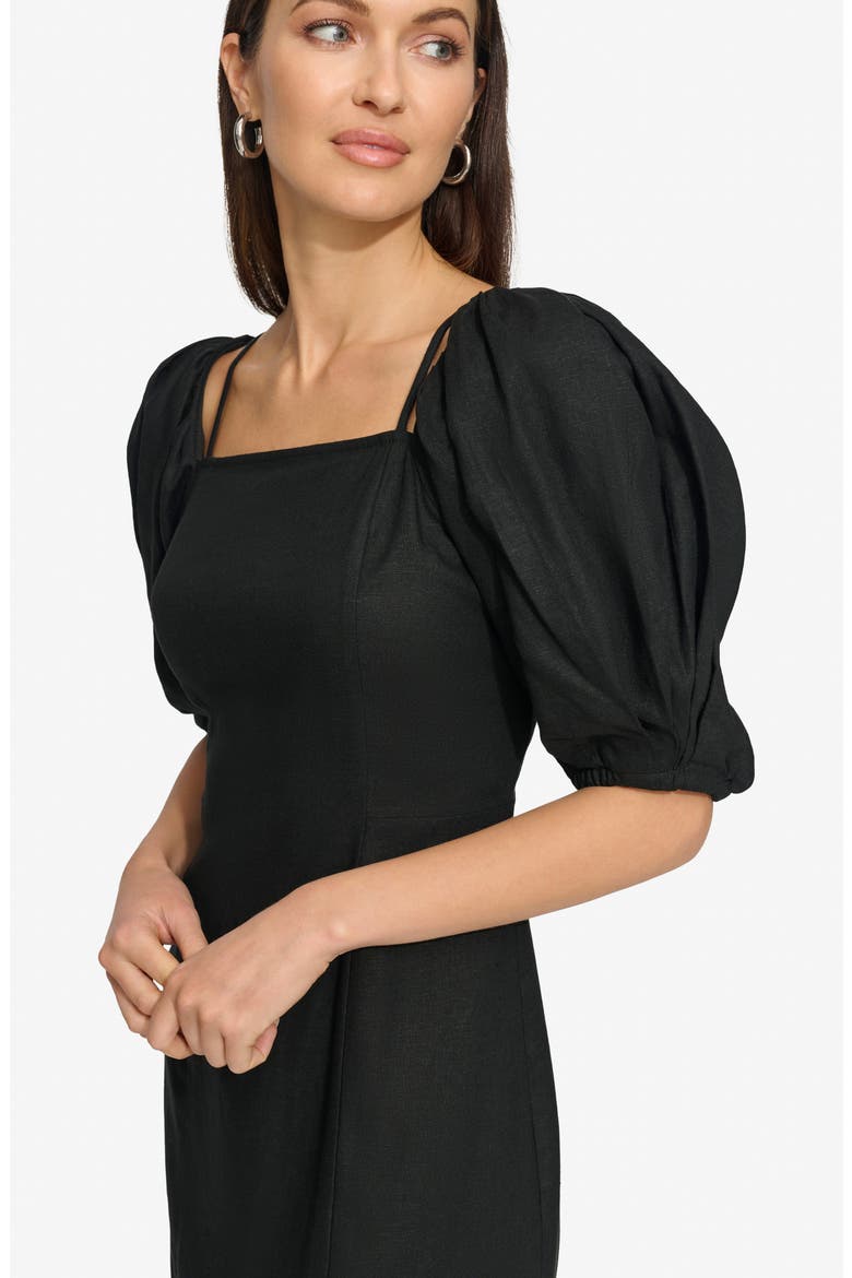 Puff Sleeve Linen Blend Sheath Dress, Alternate, color, BLACK