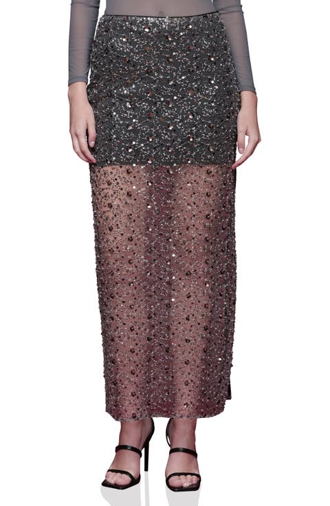 Sequin Mesh Side Slit Maxi Skirt
