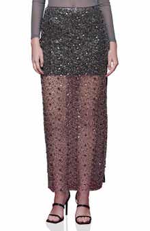 Avec Les Filles Sequin Mesh Side Slit Maxi Skirt