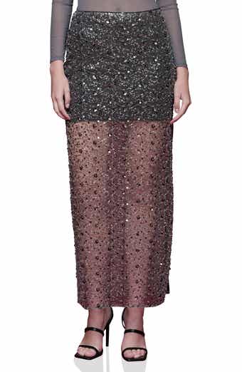 Avec Les Filles Sequin Mesh Side Slit Maxi Skirt