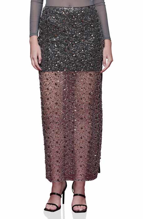 Avec Les Filles Sequin Mesh Side Slit Maxi Skirt