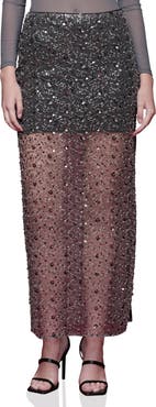 Avec Les Filles Sequin Mesh Side Slit Maxi Skirt
