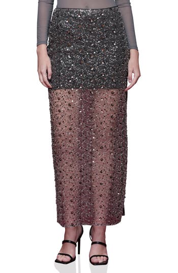 Avec Les Filles Sequin Mesh Side Slit Maxi Skirt In Gray