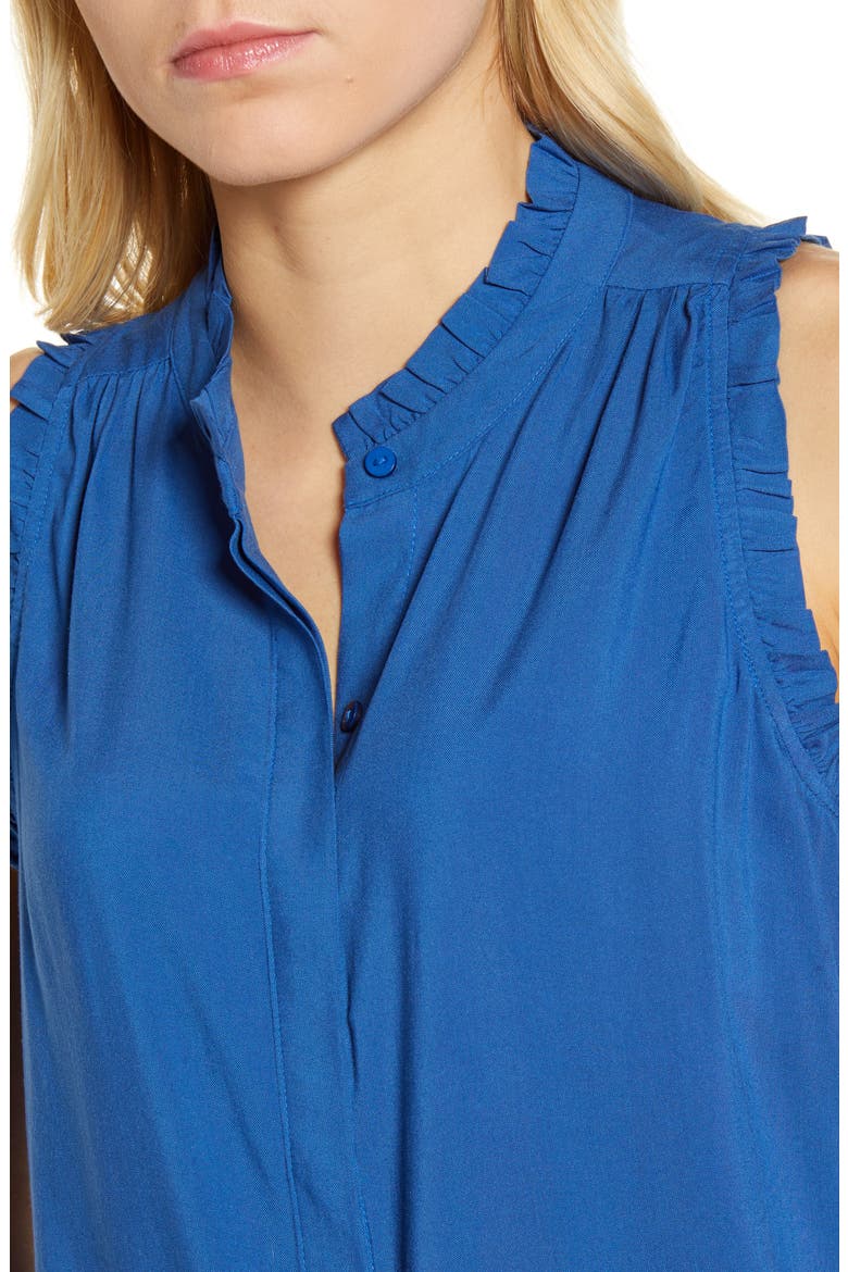 Gibson x International Women's Day Living in Yellow Ruffle Trim Front Button Sleeveless Top, Alternate, color, DEEP BLUE