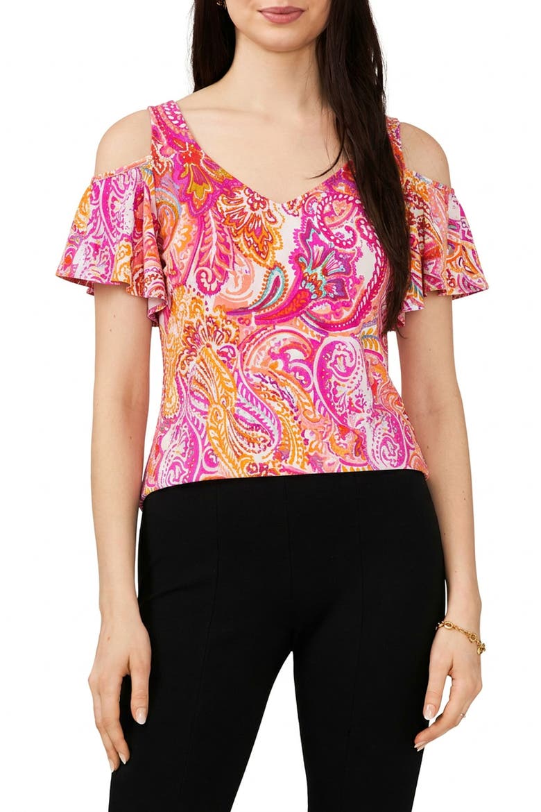 Print Cold Shoulder Top, Main, color, WHITE/ FUCHSIA/ MUSTARD