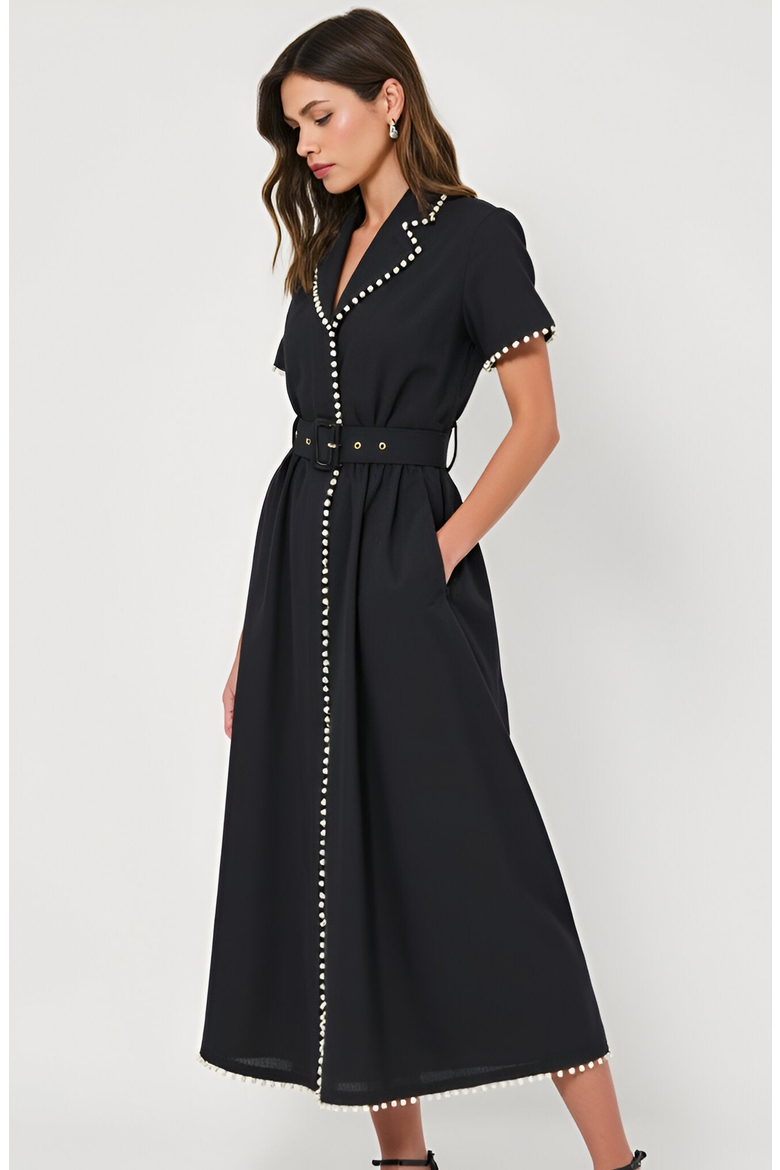 Short Sleeve Collared Midi Dress with Pearl Details and Statement Belt, Alternate, color, Black