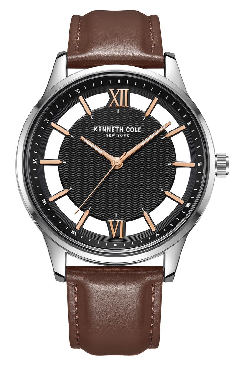 Quartz Leather Strap Watch, 45mm, Main, color, BROWN