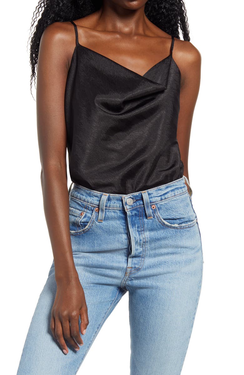 WAYF Giselle Cowl Neck Jacquard Satin Bodysuit, Main, color,