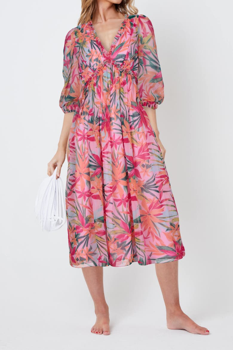 Floral Print Empire Waist Midi Dress, Main, color, Tropical