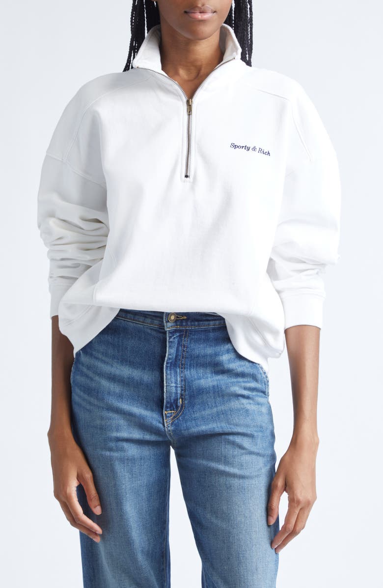 Sporty & Rich Eden Crest Quarter-Zip Cotton Fleece Sweatshirt, Main, color, White