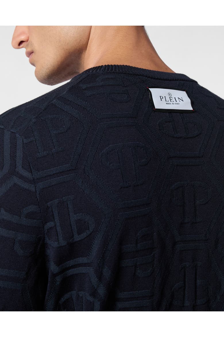 Jacquard Silk Wool Pullover Round Neck Ls Monogram Men, Alternate, color, navy