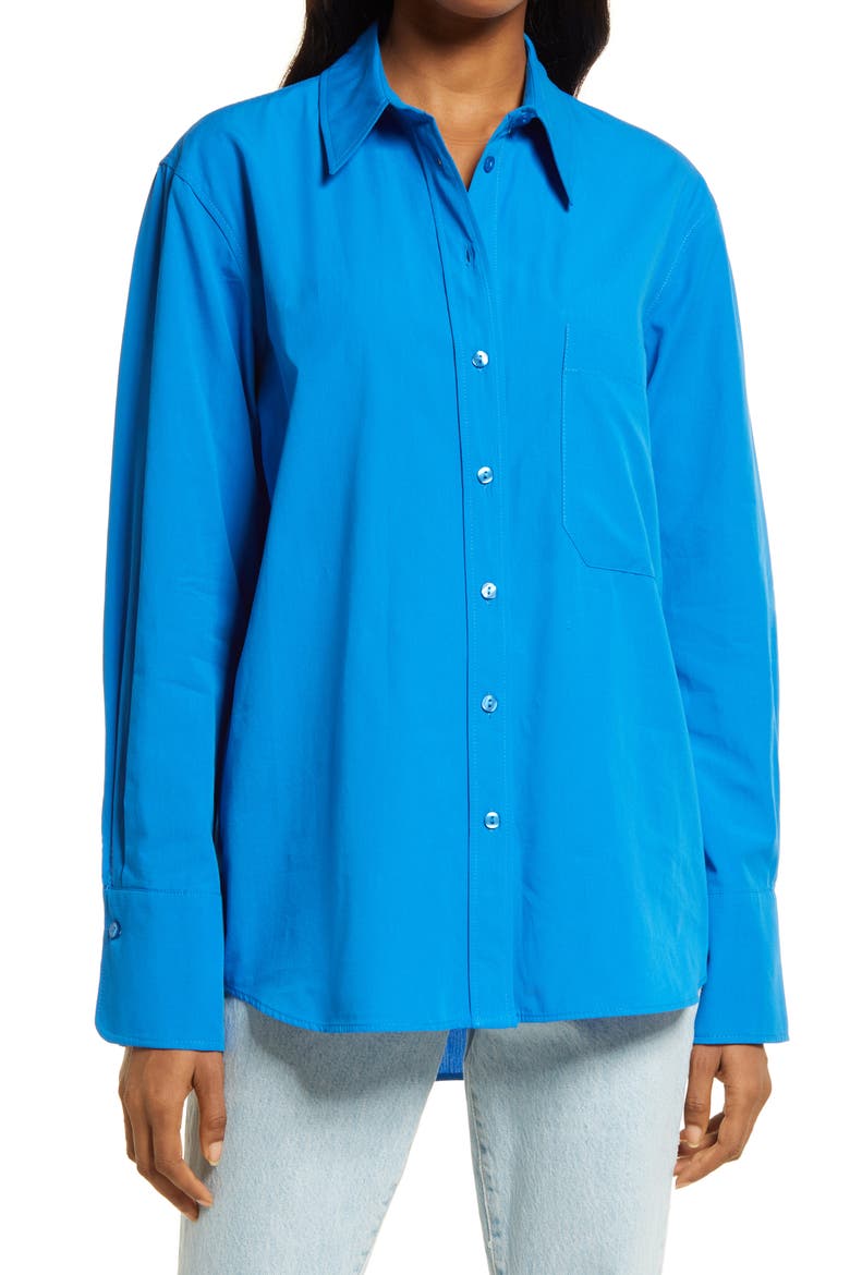 Poplin Boyfriend Button-Up Shirt, Main, color, BRIGHT BLUE