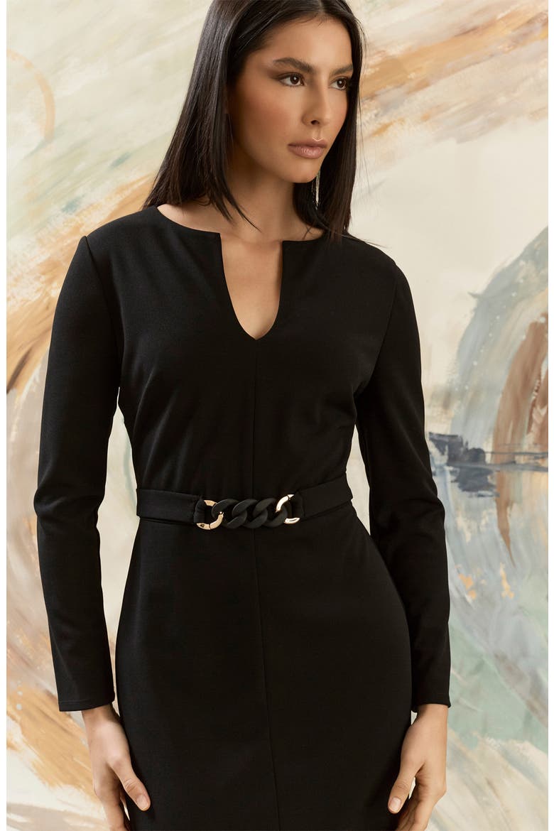 Belted Long Sleeve Sheath Dress, Alternate, color, BLACK