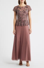 Pisarro Nights Beaded Mesh Mock Two-Piece Gown