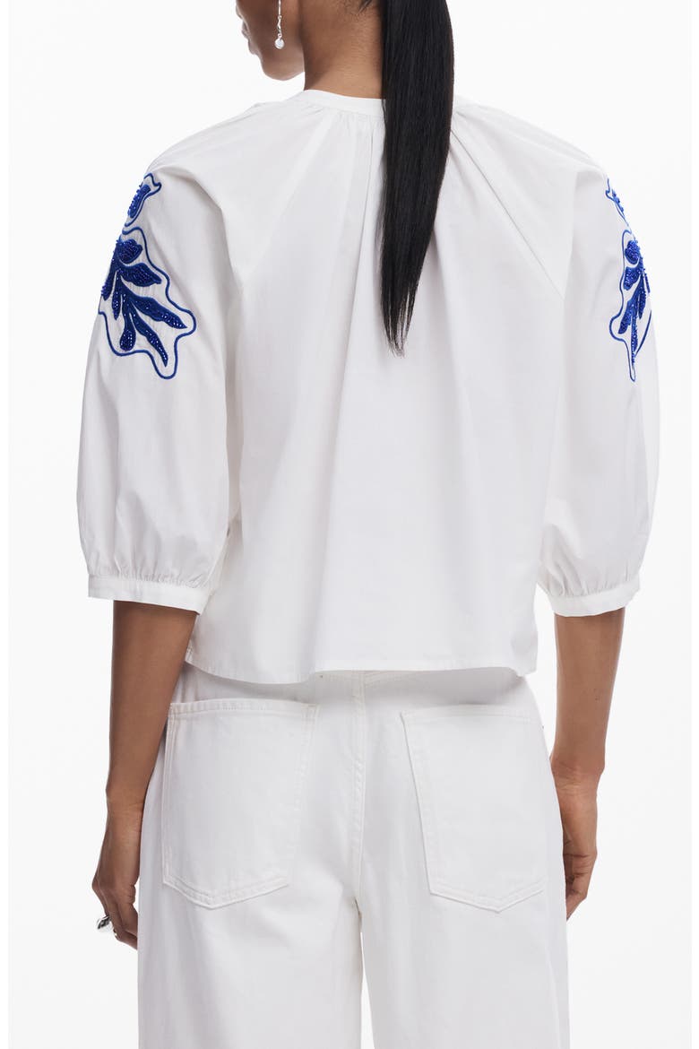 Beaded Puff Sleeve Crop Shirt, Alternate, color, WHITE