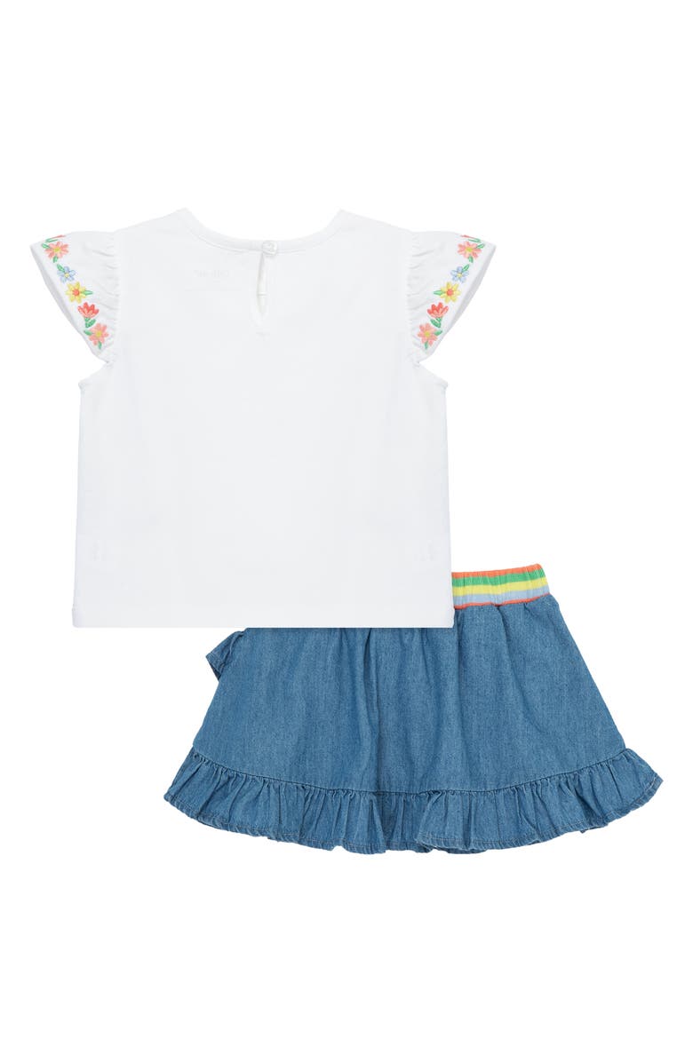 Little Me Embroidered Flutter Sleeve Top & Ruffle Chambray Skort Set, Alternate, color, Blue