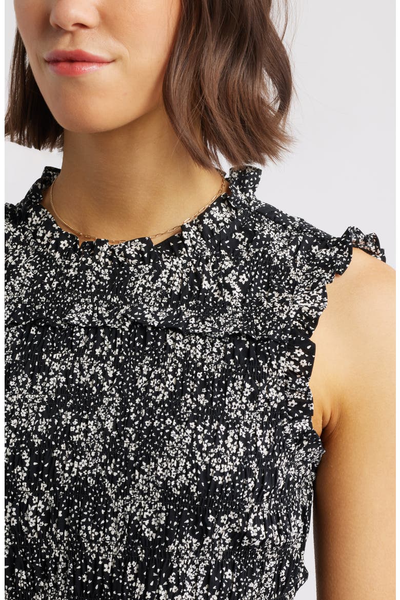 Floral Smocked Crewneck Minidress, Alternate, color, HARPER FLORAL BLACK WHITE