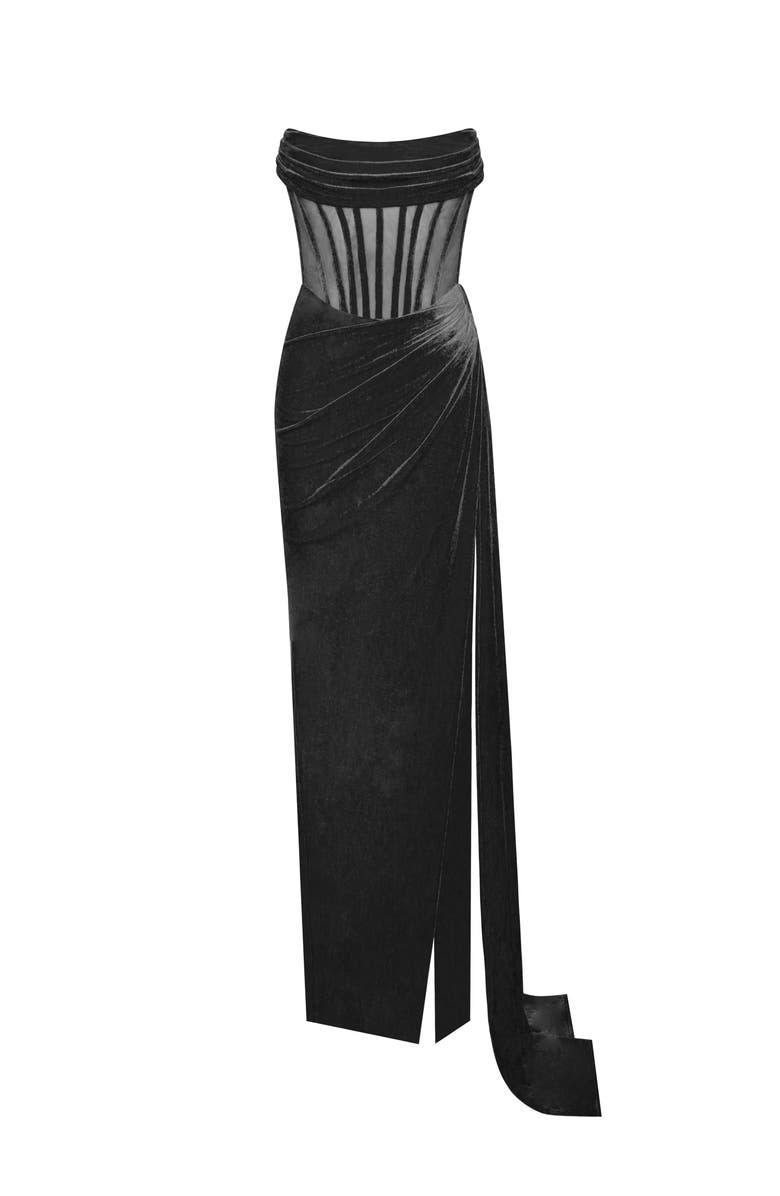 Miss Circle Priya Black Draping Corset High Slit Velvet Gown, Alternate, color, Black