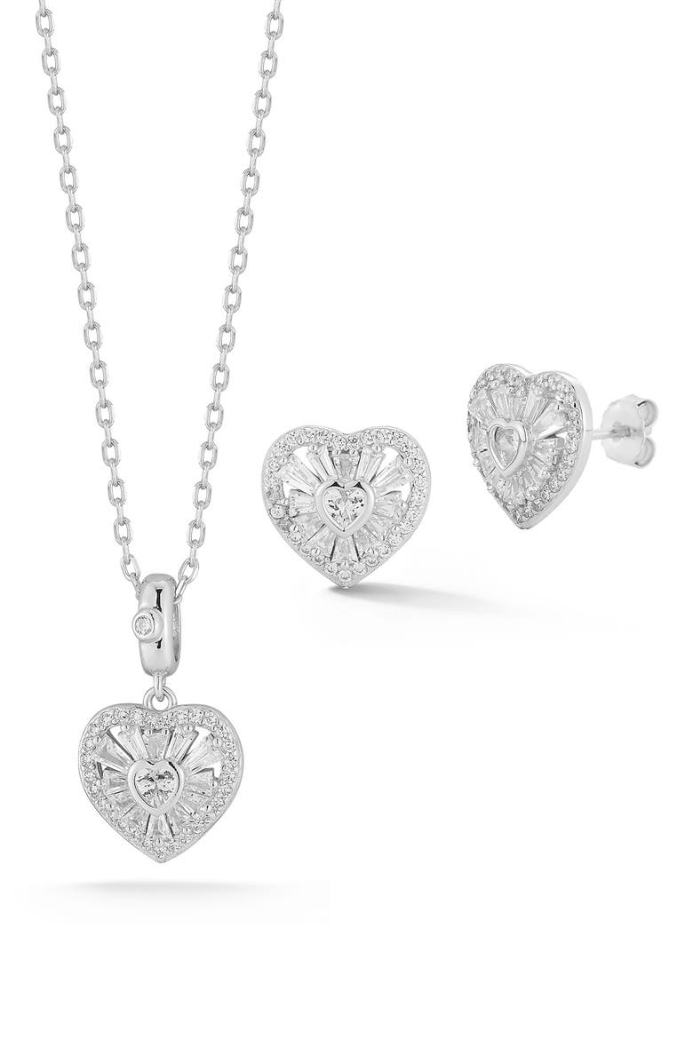 CZ Heart Pendant & Stud Earrings Set, Main, color, SILVER