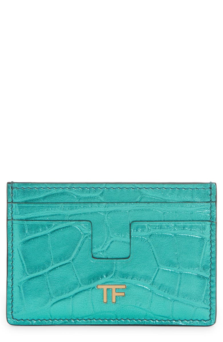 TOM FORD T-Line Metallic Croc Embossed Leather Card Holder, Main, color, 