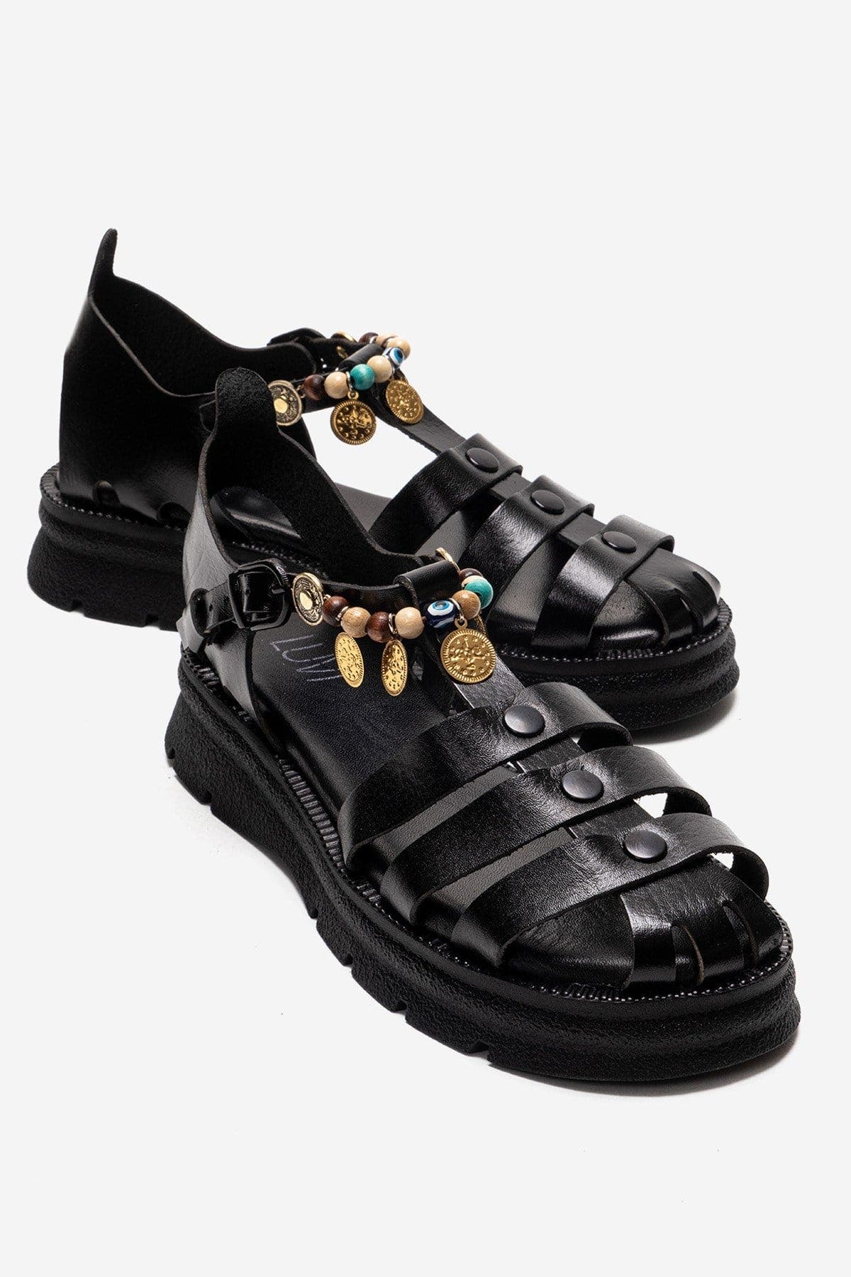 Forever & Always Shoes Solis Leather Beaded Sandal, Main, color, Black