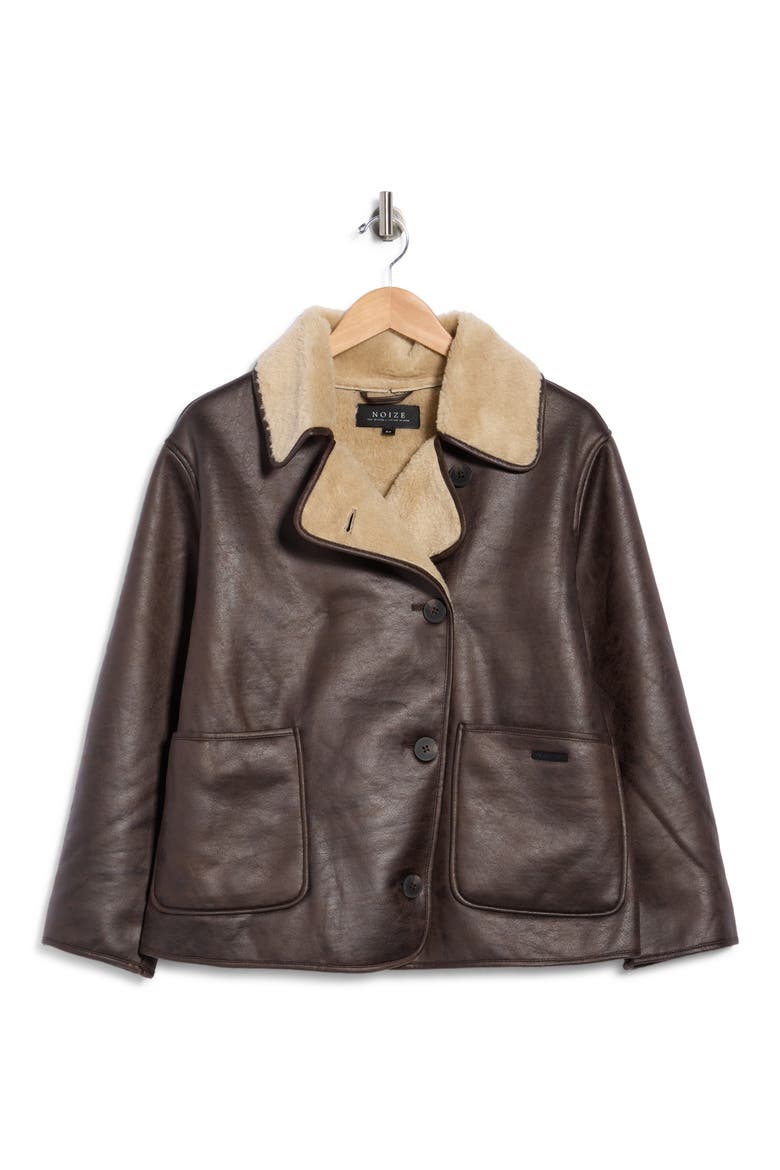 Laurence Water Repellent Faux Leather & Faux Shearling Jacket, Main, color, BROWN