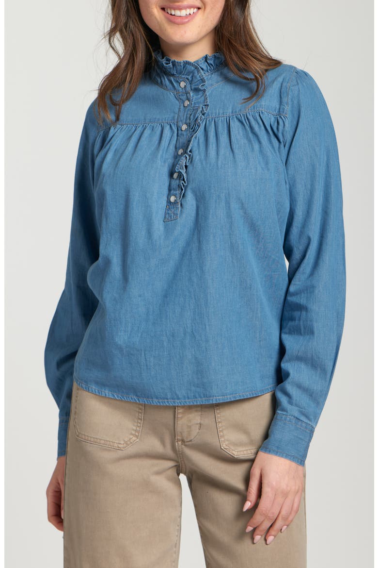 Ruffle Half Placket Shirt, Main, color, LIGHT INDIGO