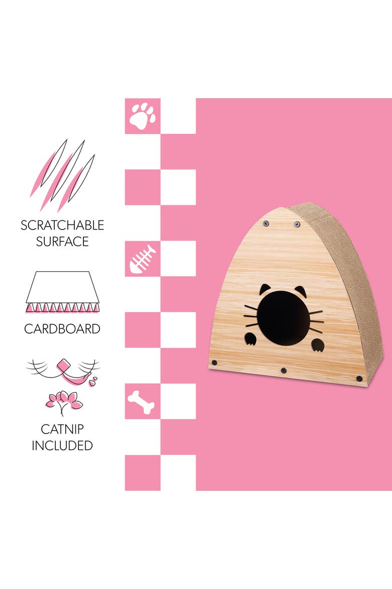 Koko Cardboard Triangle Cat Cave Scratcher with Catnip, Alternate, color, Brown Wood Grain Finish