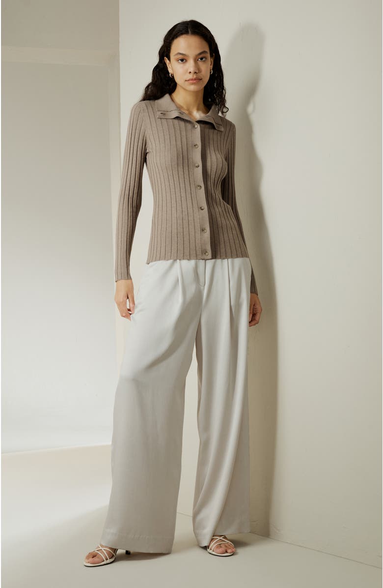 Lilysilk Women's Ribbed Silk-Cashmere Blend Cardigan, Alternate, color, Brown