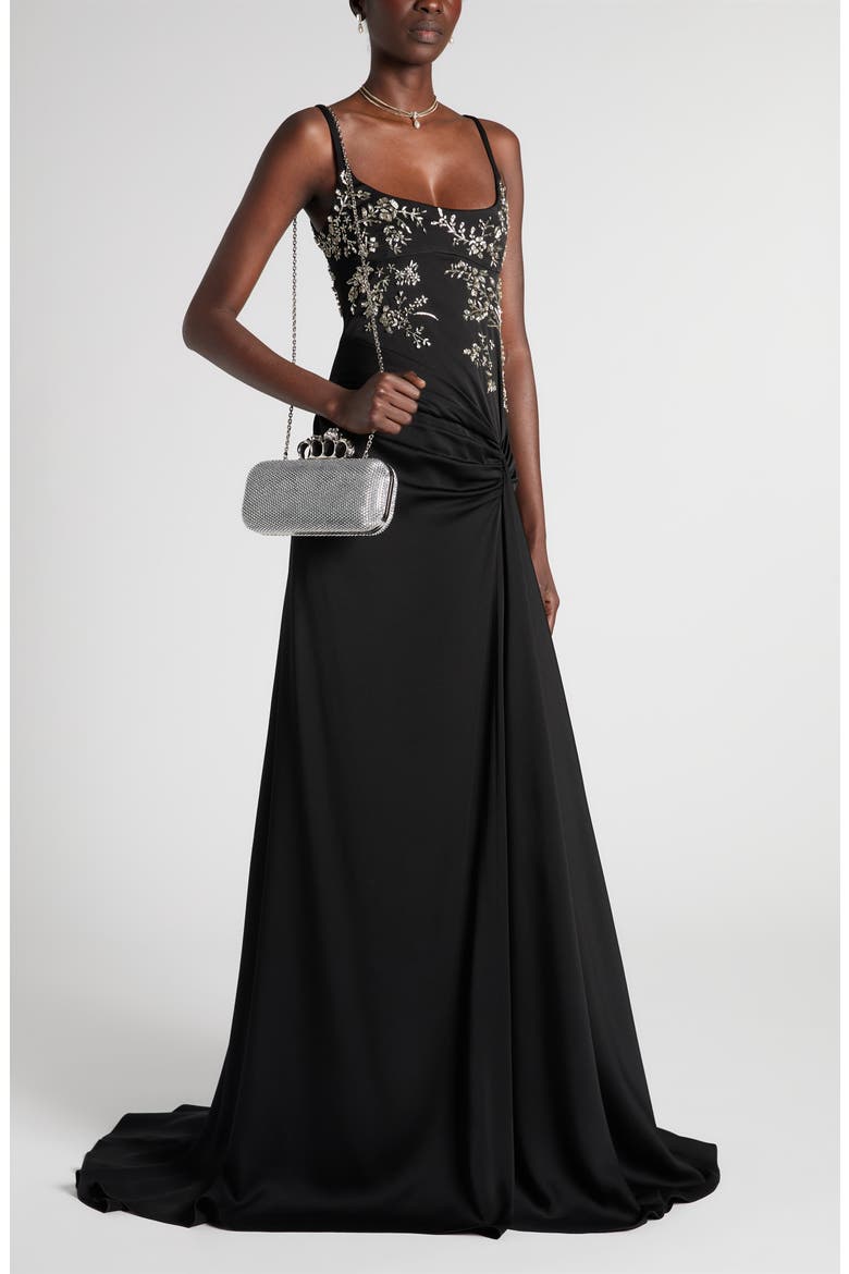 Embellished Draped Crepe Gown, Alternate, color, BLACK