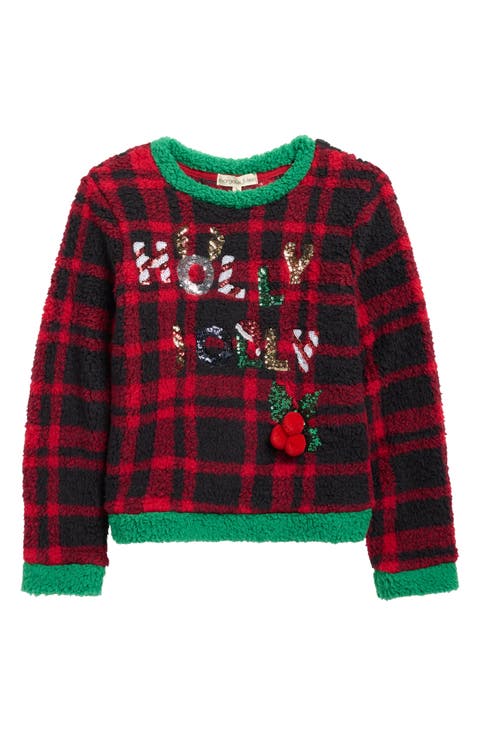 Kids' Holly Jolly Sequin Plaid Faux Shearling Pullover (Big Kid)