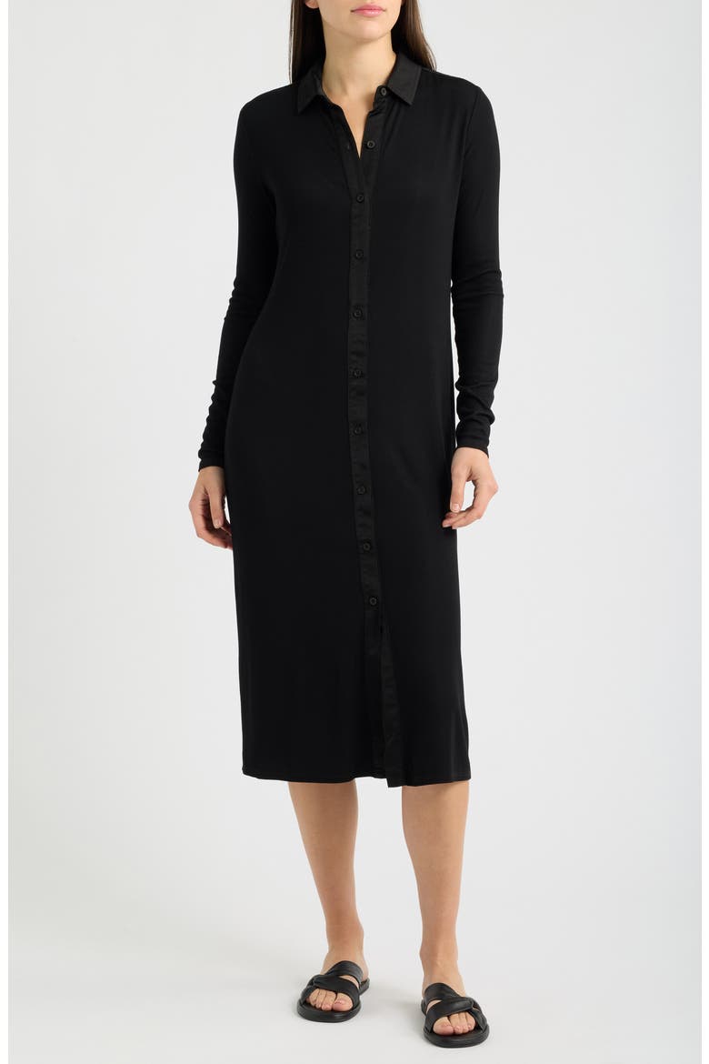 Front Button Long Sleeve Rib Midi Dress, Main, color, BLACK